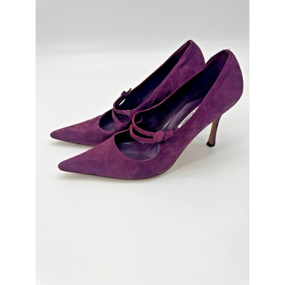 VTG Whimsigoth Manolo Blahnik Purple Suede Heel 40.5 Pumps Double Strap 3" Italy